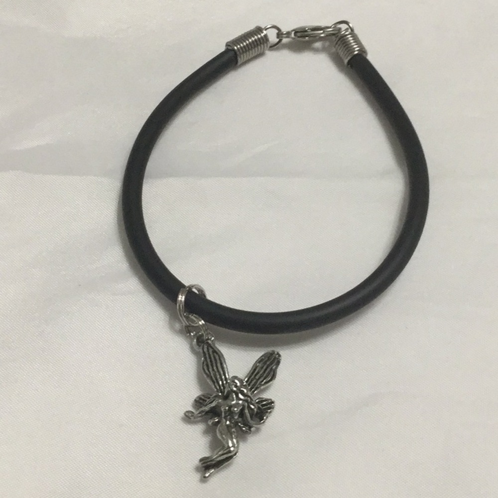 Pewter Fairy Charm on Black Rubber Bracelet